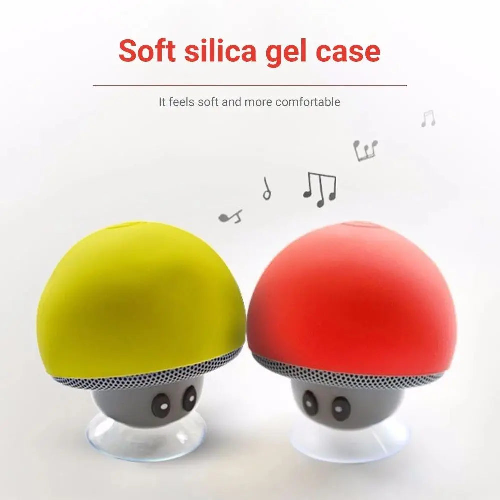 Two mushroom-shaped speakers, one yellow and one red, with text about soft silica gel cases on a white background.