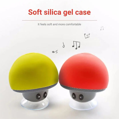 Two mushroom-shaped speakers, one yellow and one red, with text about soft silica gel cases on a white background.