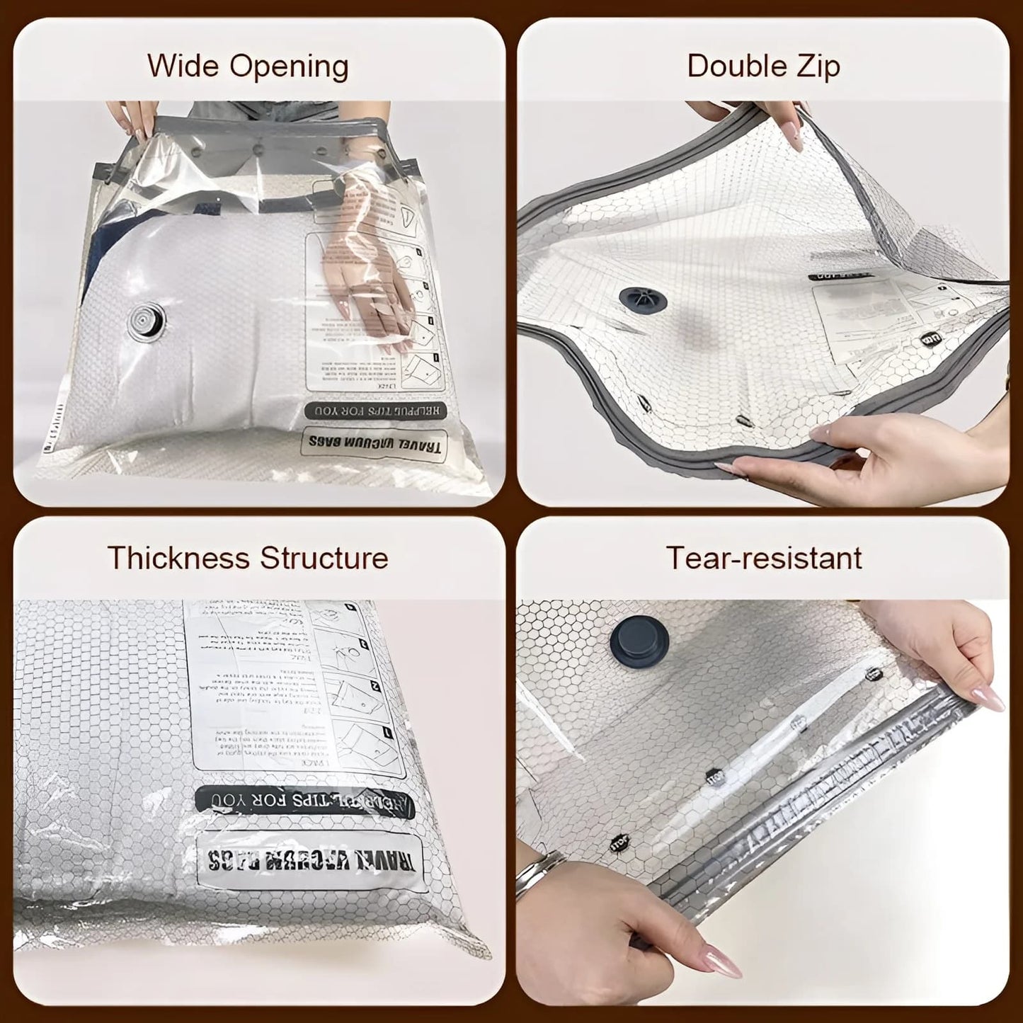 Product packaging with wide opening, double zip, thickness structure, and tear-resistant features.