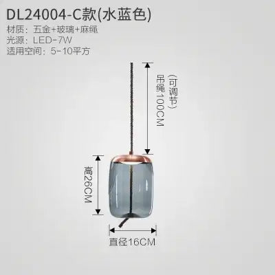 Product specifications for a pendant light with dimensions and material details on a gray background