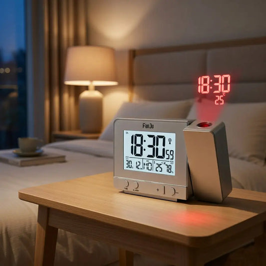 Digital clock with temperature display on a bedside table in a bedroom.
