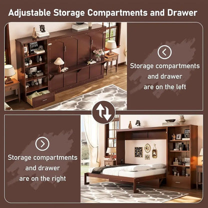 Walnut Queen Horizontal Murphy Bed Wall Bed with Desk & Movable Cabinet