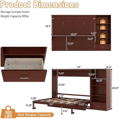 Dimensions and weight capacity of a brown storage compartment with shelves and drawers.