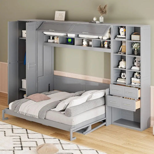 Gray Murphy bed with built-in shelves and desk in a room setting.