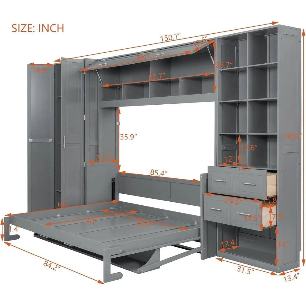 Gray wall-mounted bed with built-in shelves and drawers, showing measurements on a white background.