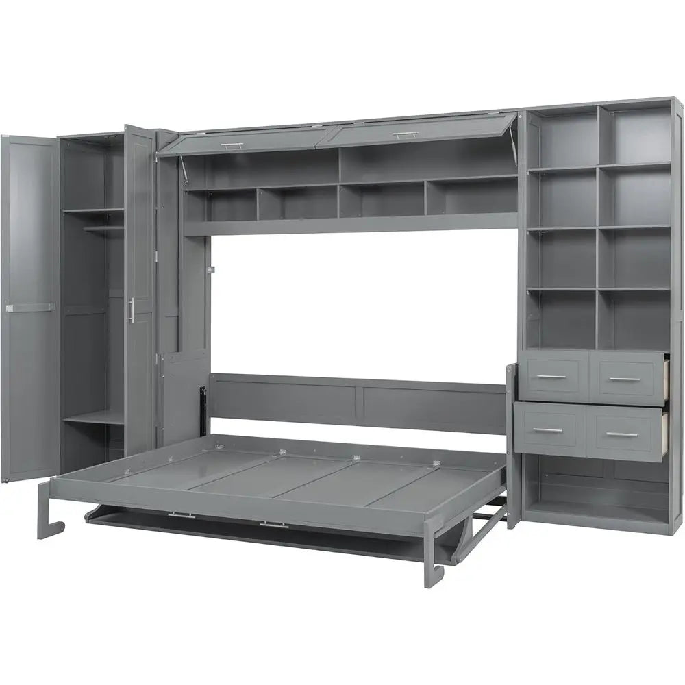 Gray wall-mounted bed with storage compartments and drawers on a white background