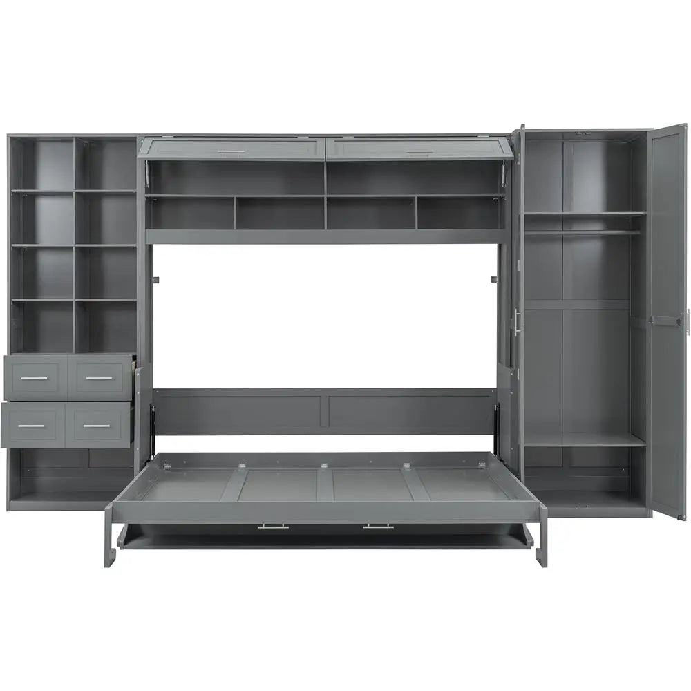 Gray Murphy bed with storage compartments on a white background