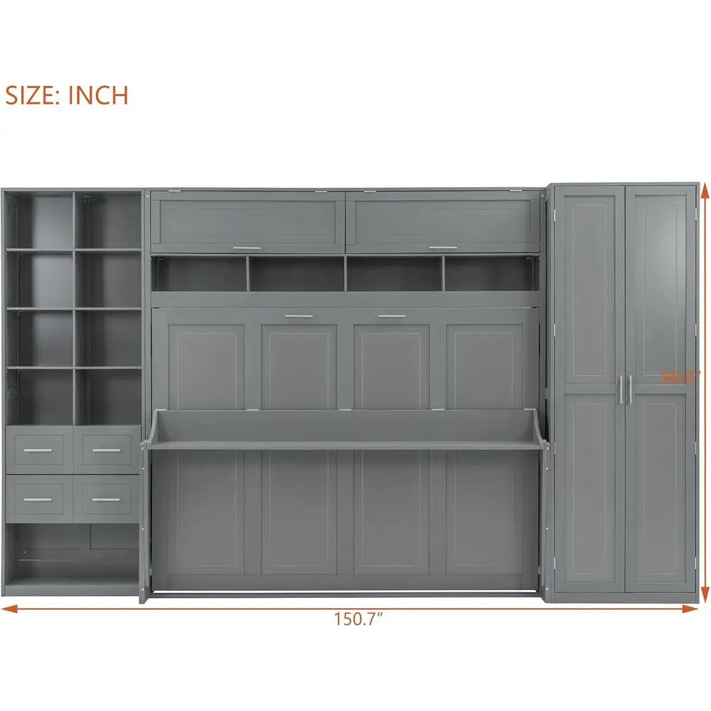 Gray storage cabinet with shelves and drawers, showing dimensions on a white background.