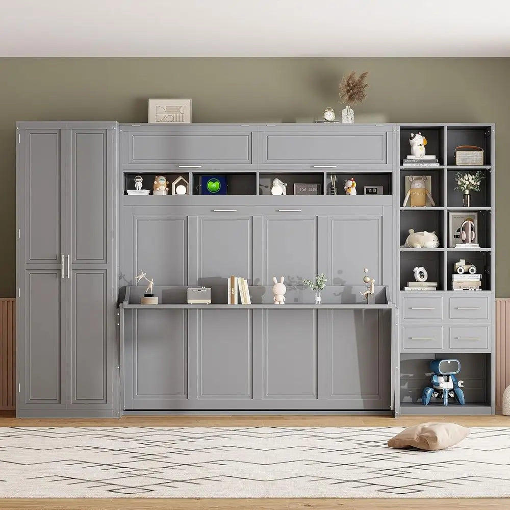 Gray storage unit with shelves and doors in a room setting