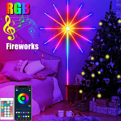 RGB fireworks light show in a bedroom with a Christmas tree and smartphone control.