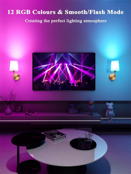 Living room with TV displaying a concert scene, surrounded by RGB lights.