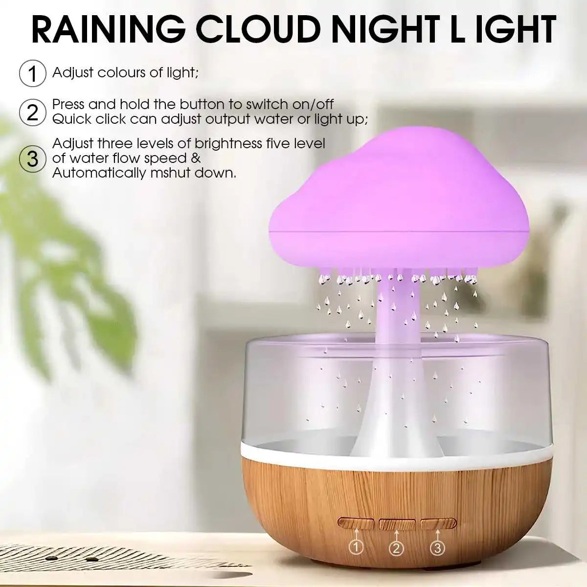Raining cloud night light with wooden base and purple top, featuring control instructions.
