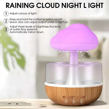 Raining cloud night light with wooden base and purple top, featuring control instructions.