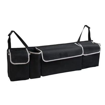 Black car trunk organizer with multiple pockets on a white background