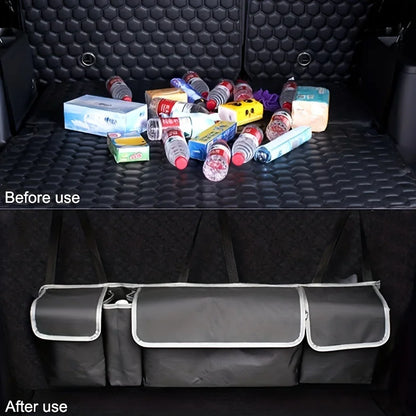 Car trunk before and after using a storage bag with items inside.