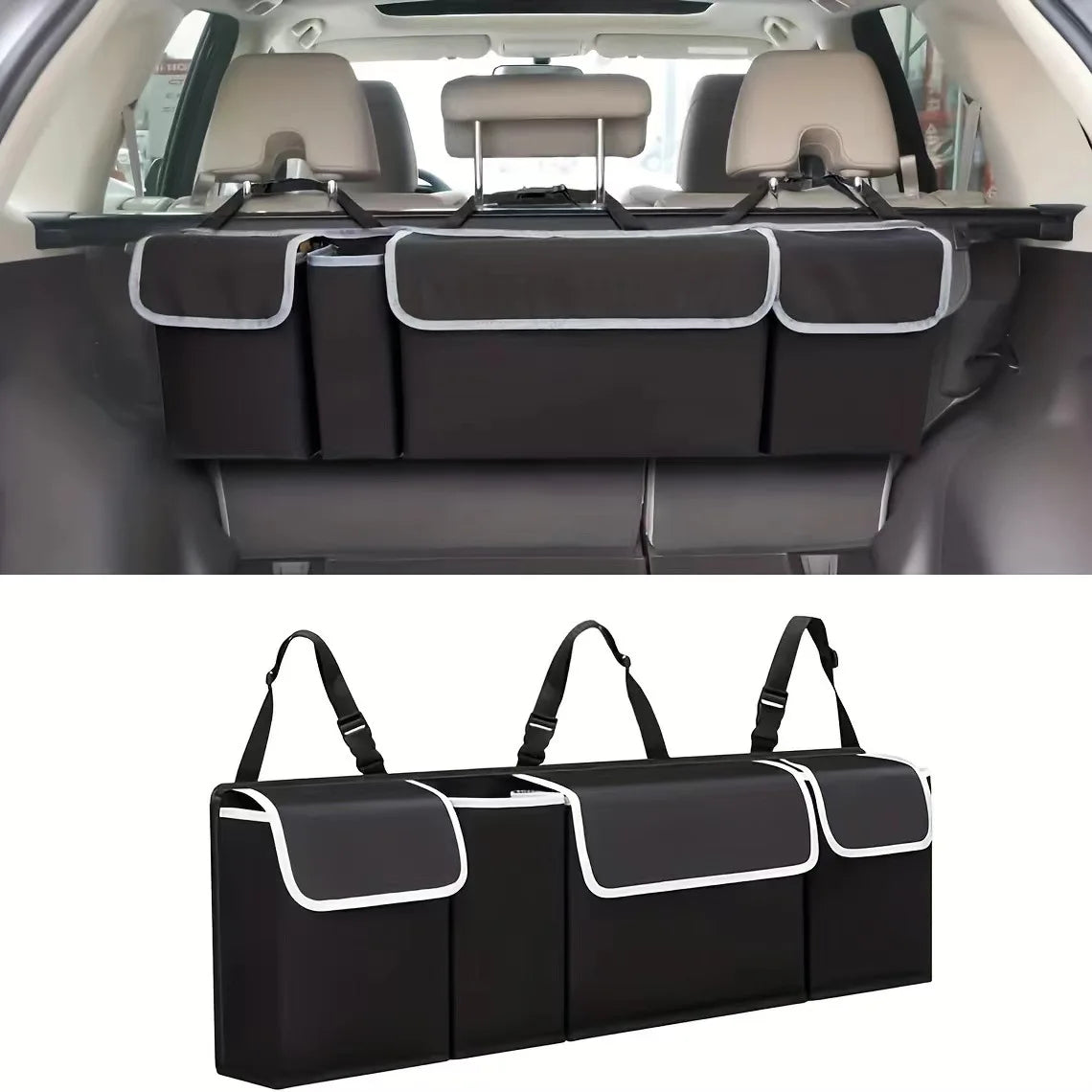 Car organizer with multiple compartments attached to a car's back seat.