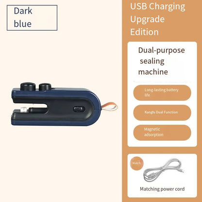 Dark blue dual-purpose sealing machine with USB charging feature on a beige background