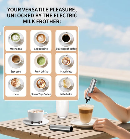 Electric milk frother with coffee-making options and a person making a coffee drink outdoors.