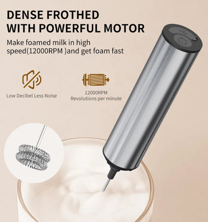 Electric milk frother with text on a beige background