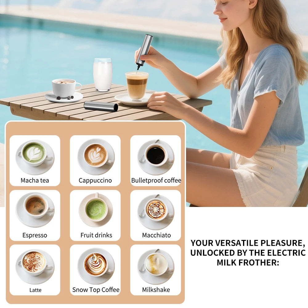Woman using an electric milk frother with coffee at a table by a pool, showing various coffee types.