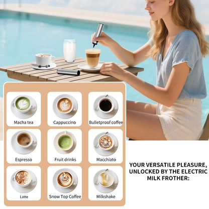 Woman using an electric milk frother with coffee at a table by a pool, showing various coffee types.