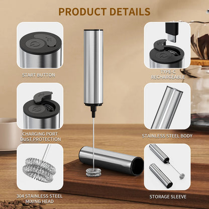 Product details of a handheld milk frother with labeled features on a wooden surface.