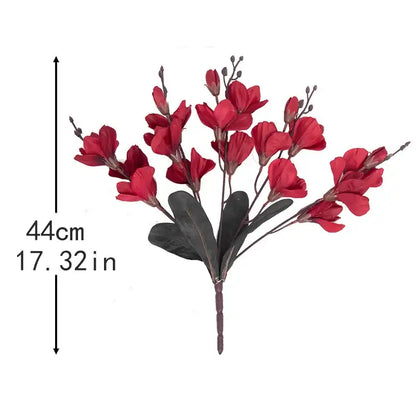 Red artificial flower branch with measurement details on a white background