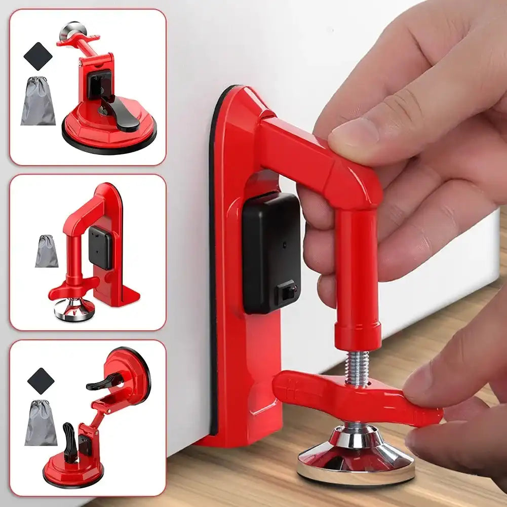 Red clamp tool with a hand applying pressure, surrounded by smaller images of the tool in use.