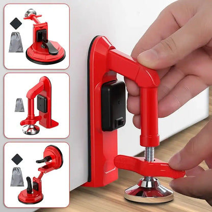 Red clamp tool with a hand applying pressure, surrounded by smaller images of the tool in use.
