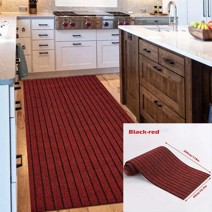 Red striped kitchen mat on a wooden floor with inset showing product dimensions.