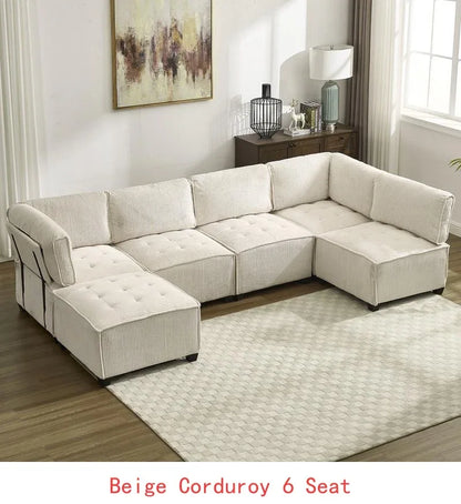 6-Seat Modular U-Shaped Sectional Reversible Corduroy Convertible Couch - Beige