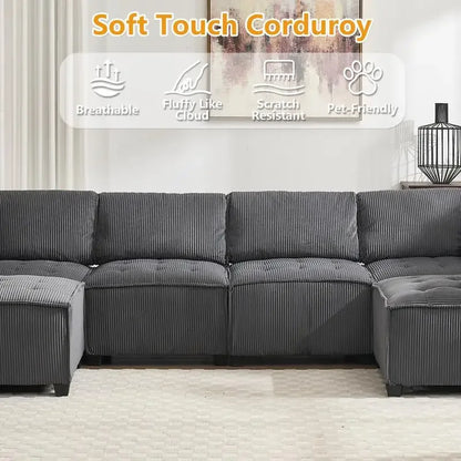 6-Seat Modular U-Shaped Sectional Reversible Corduroy Convertible Couch - Dark Grey