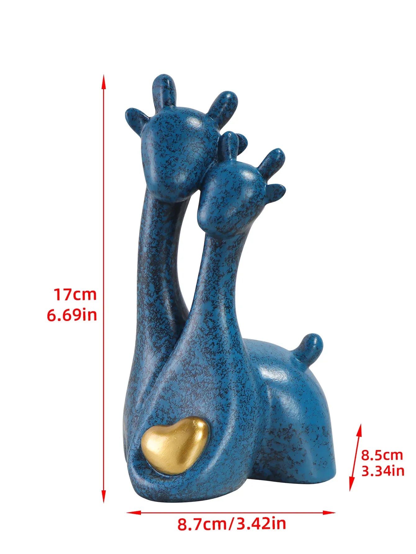 Blue ceramic giraffe figurine with a gold heart, shown with measurements on a white background.