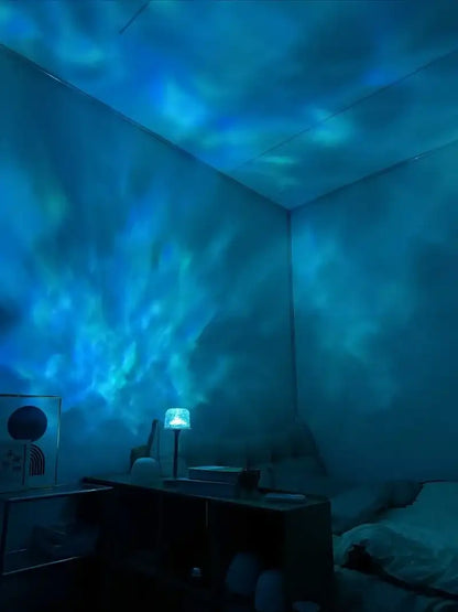 A room with blue light projection on the ceiling and walls, creating an underwater effect.