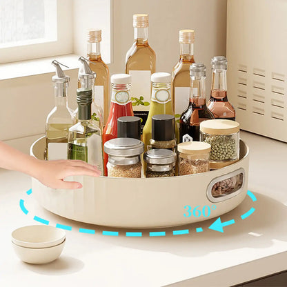Round kitchen organizer with spices and condiments on a kitchen counter