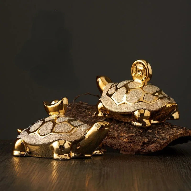 Gold-Plated Ceramic Fortune Turtle Lucky Money Figurine for Home & Office