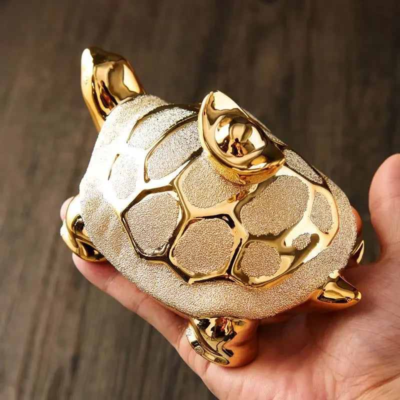 Gold-Plated Ceramic Fortune Turtle Lucky Money Figurine for Home & Office
