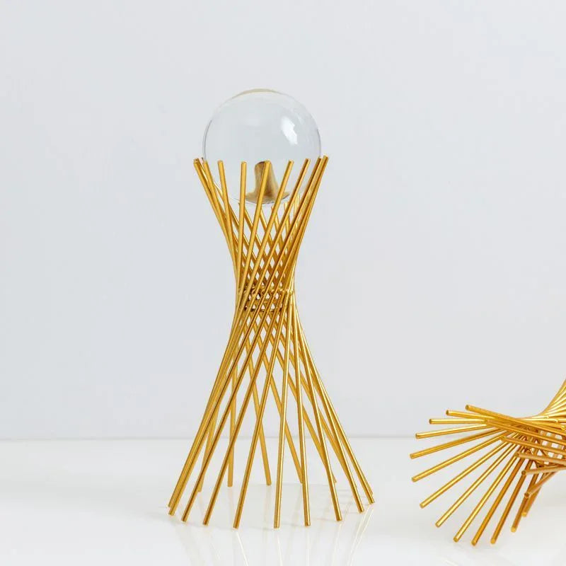 Golden Geometric Crystal Ball Statue Handmade Iron Desk Sculpture Decor - 