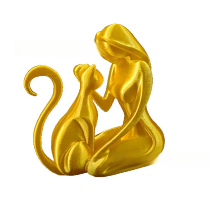 Ceramic Hug Cat Woman Statue Creative Desktop Ornament for Cat Lovers - Golden