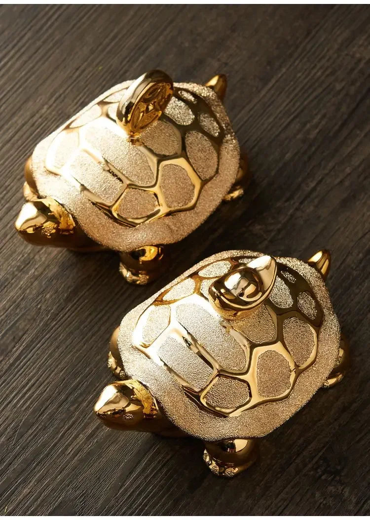 Gold-Plated Ceramic Fortune Turtle Lucky Money Figurine for Home & Office