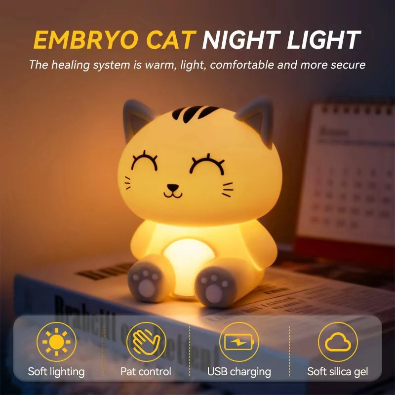Gray Cat Bedside Night Light Touch Dimming & Timer Rechargeable LED Lamp