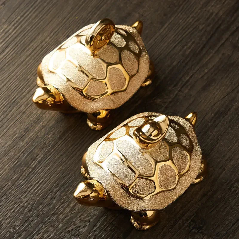 Gold-Plated Ceramic Fortune Turtle Lucky Money Figurine for Home & Office