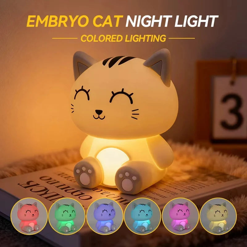 Gray Cat Bedside Night Light Touch Dimming & Timer Rechargeable LED Lamp
