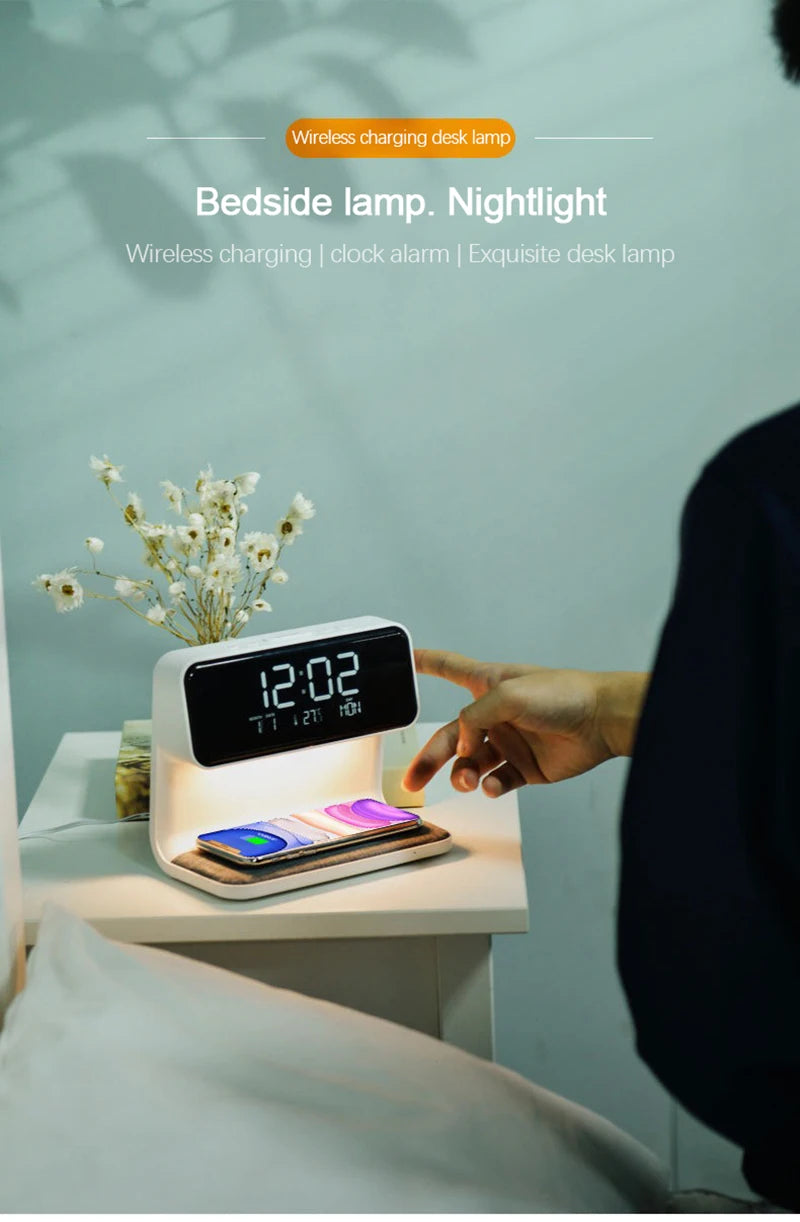 3-in-1 Smart Bedside Lamp Wireless Charger & Alarm Clock Night Light