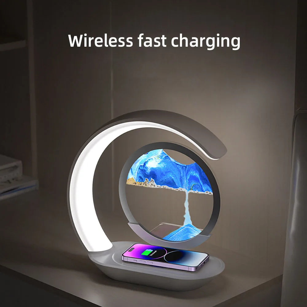 3D Quicksand Table Lamp 15W Wireless Charging Hourglass Night Light