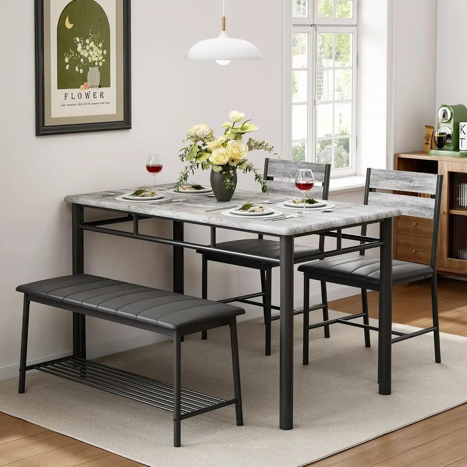 4-Piece Dining Set Kitchen Table with 2 Chairs & Upholstered Bench - Gray