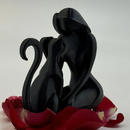 Ceramic Hug Cat Woman Statue Creative Desktop Ornament for Cat Lovers - Black