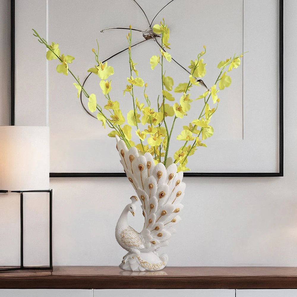 Minimalist Peacock Resin Vase Luxury Modern Art Centerpiece with Gold Trim