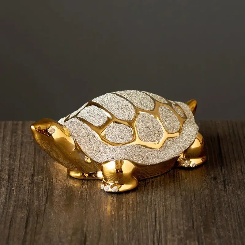 Gold-Plated Ceramic Fortune Turtle Lucky Money Figurine for Home & Office