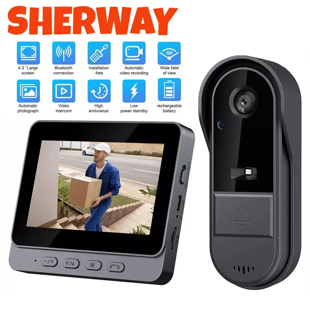1080P Wireless WiFi Video Doorbell 4.3" IPS Screen & IR Night Vision